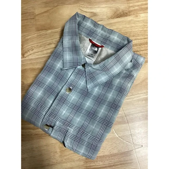 Men's‎ The North Face Short Sleeved Performance Plaid Button Up Gray/black Large