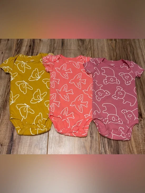 Carters 3 Piece Body Suit Bundle Yellow Butterflies Coral Birds Pink Koalas 12M