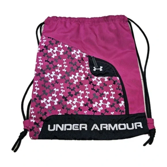 Under Armour Pink Drawstring Sackpack Gym Bag Backpack UA Logo Pattern Zip Pocke