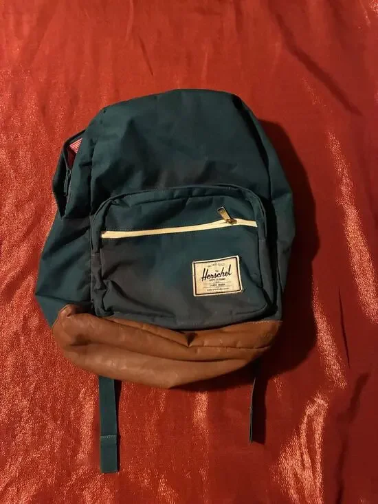 Herschel Backpack Unisex Teal Brown Faux Leather Bottom Striped Lined Casual Bag