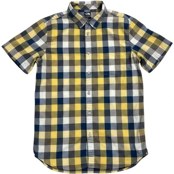 The North Face Plaid Button Front Shirt Mens Medium Yellow Blue Outdoor Hiking