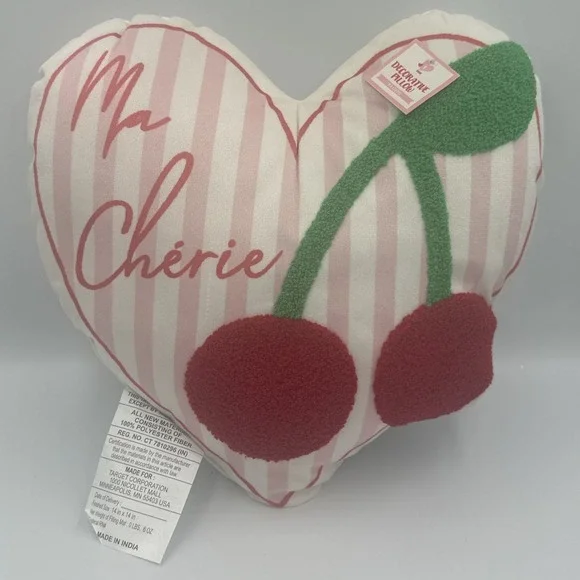 Ma Cherie Textured Cherries & Heart Shaped Pink & White Accent Pillow 14