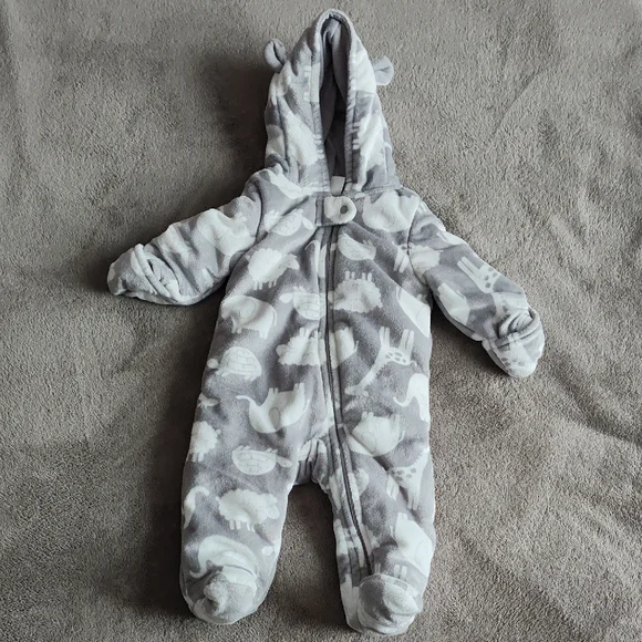 Gray & White Baby Animal Print Hooded Snowsuit