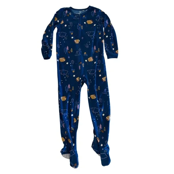 Carters Kids Blue Fleece Footed Pajamas Smores Camping Print Child Size 8