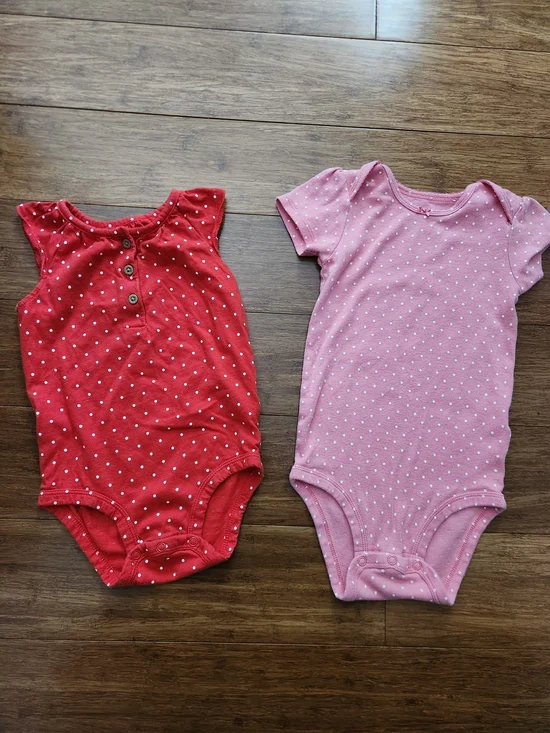 2 Carter's Polka Dot One-Piece Bodysuits Short Sleeve Red Pink, 24 Months