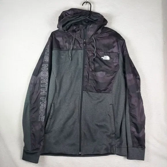 The North Face Mens Large Full Zip Hooded Fleece Jacket Gray Black Camo Logo