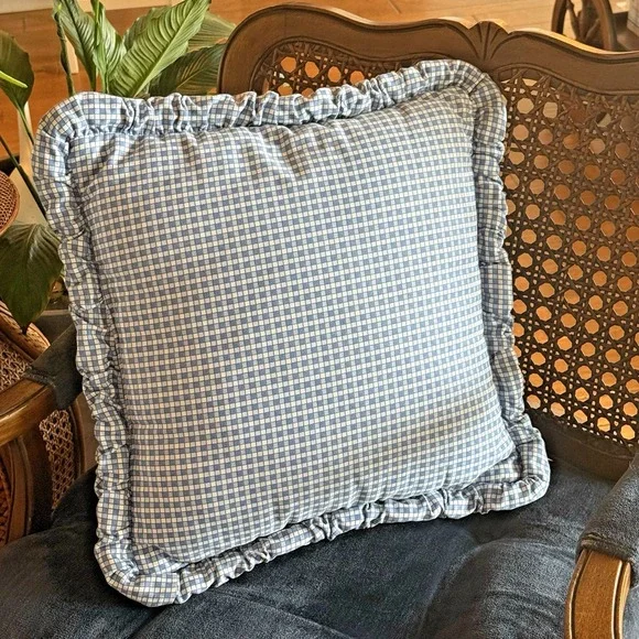Vintage Wilkinson's Blue Gingham Check Cottagecore Pillow 18x18 Gathered Flange