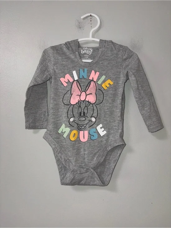 Disney Baby Minnie Mouse Gray Long Sleeve Hooded Bow Body Suit Girls 12M