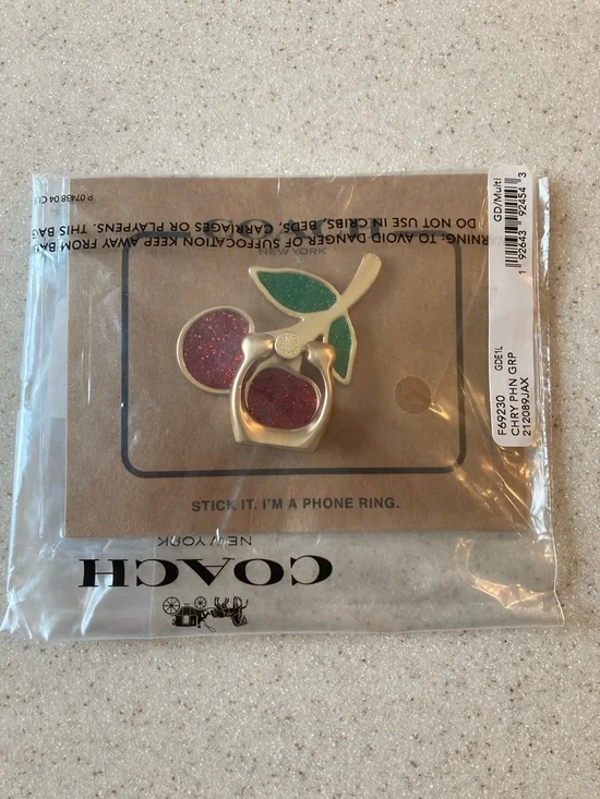 NWT Coach Cherry Phone Ring Grip - Gold with Red and Green Glitter