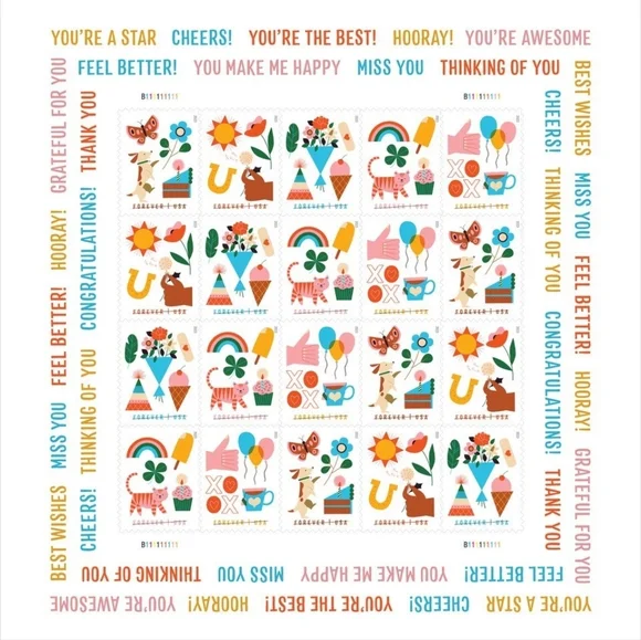 100 New‎ 2023 Thinking Of You USPS Forever Stamps With Bonus Stickers Fun Lucky