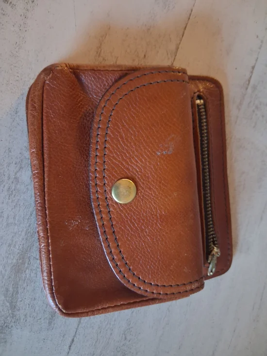 Brown Leather Snap Wallet with Zip Pocket