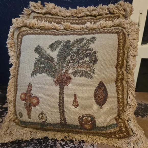 2 Vtg Palm Date Avocado Pillows Decorative‎ Throw Tan Green Brown Fringe 12