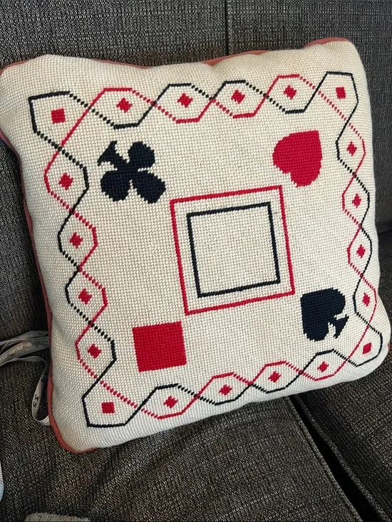 Vintage Card Suits Needlepoint Throw Pillow in Red, Black, Cream