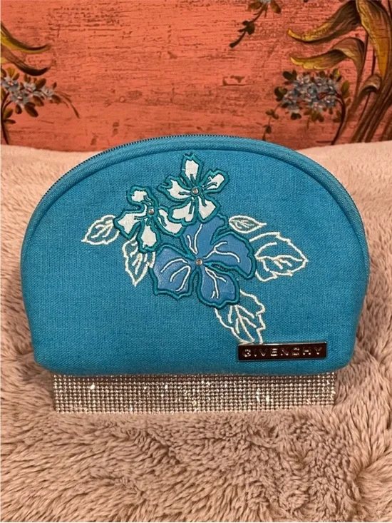 Givenchy Turquoise Floral Embroidered Cosmetic Pouch