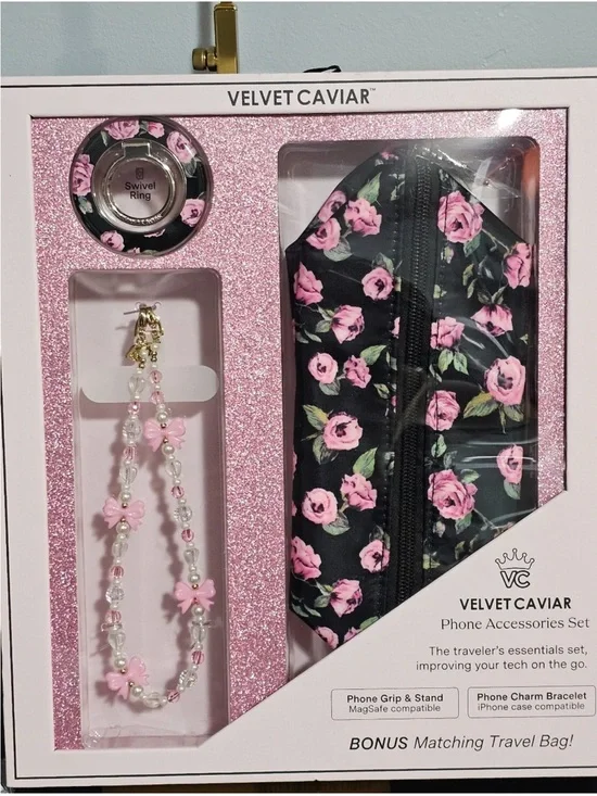 Velvet Caviar Black & Pink Floral Phone Accessories Set NIB