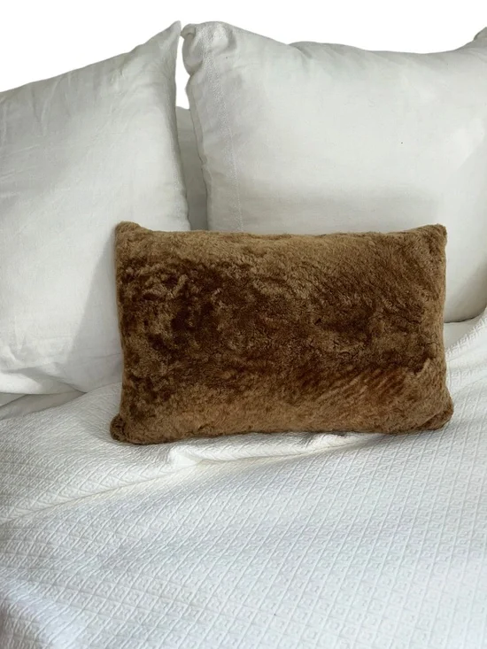 Pehuen luxury medium brown sheepskin sued leather lumbar accent pillow