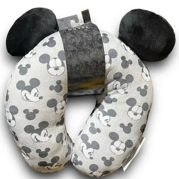 Disney Parks Mickey Mouse Grey Travel Neck Pillow Adult‎ Ears Vacation All Over