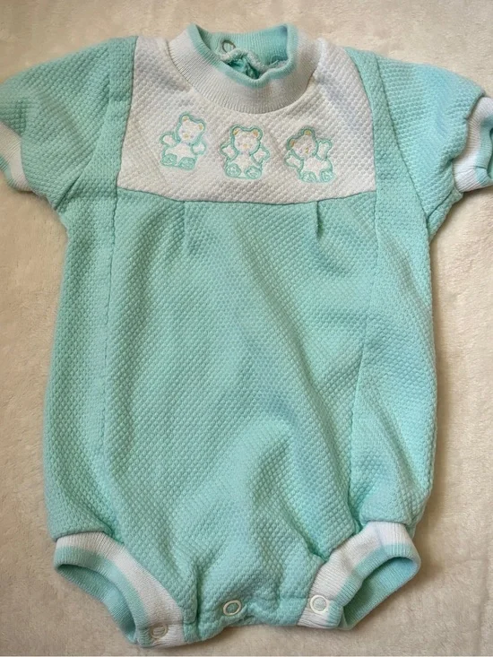 2pc Vintage Buster Brown Mint Teddy Bear Romper + HALO SleepSack Bundle 6-12M