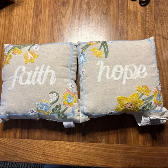 2 Celebrate Together Linen Throw Pillows Embroidery Faith, Hope Spring Flowers