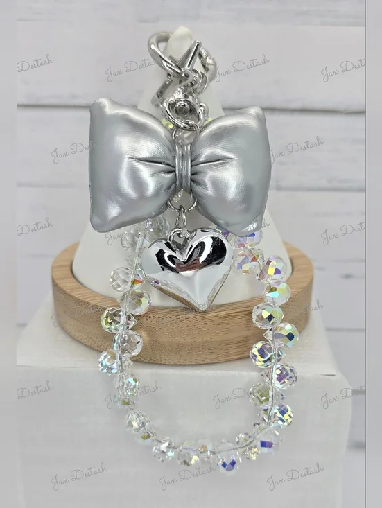 Iridescent Beaded Silver Bow & Heart Phone/Key Lanyard CH4375