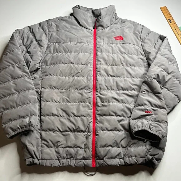 The North Face Mens 550 Down Puffer Jacket Grey Red Full Zip XL Regular