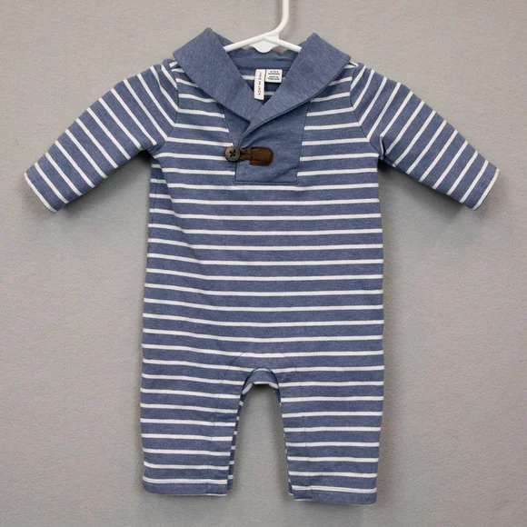 Baby Janie and Jack blue white striped shawl collar one piece romper-0-3M