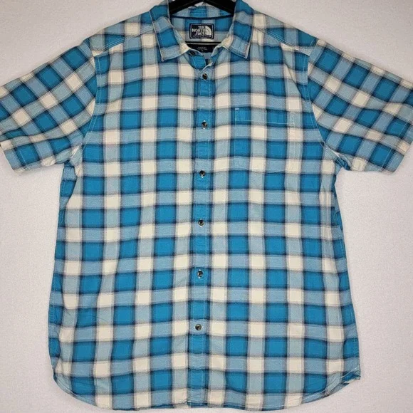 The North Face Mens Blue White Plaid Short Sleeve Cotton Button Down Shirt L