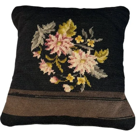 Antique NEEDLEPOINT rblack brown pink flowers accent pillow velvet back 14 sq