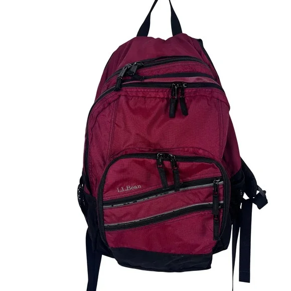 LL Bean Deluxe Book Pack Backpack Red Black Reflective School Hiking Bag