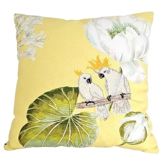 Hand Made Tropical Cockatoo Embroidered Throw Pillow Coastal Zipper Washable