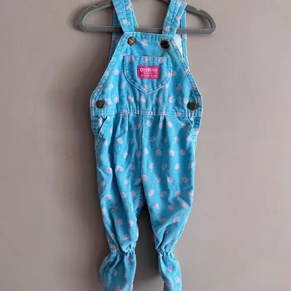 Vintage OshKosh B'Gosh Blue Corduroy Pink Flower Baby Overalls 6-9 Months - READ