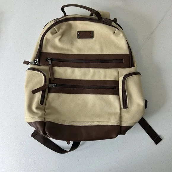 Renwick Backpack Canvas Leather Trim RFID Blocker Laptop Pocket Padded Beige 15