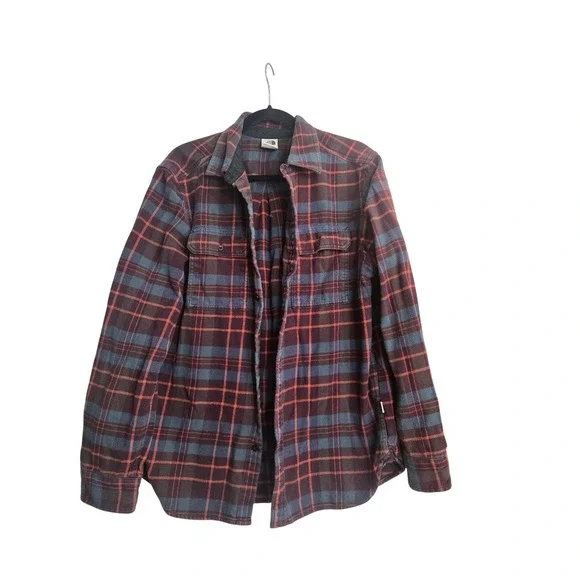 The North Face Mens Large Plaid Flannel Button Down Shirt Burgundy Navy Blue L