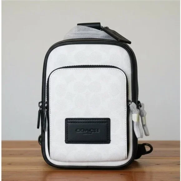 Coach Racer Sling Pack CV763 Black Chalk Signature Canvas Leather Crossbody