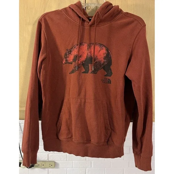 The North Face Hoodie Mens Small Orange Bear Graphic‎ Pullover Sweatshirt