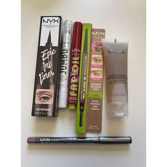 NYX Lot Makeup Lip Liner Lipstick Eye Liner Brow Pencil OUAI Shampoo Sample 6 Pc