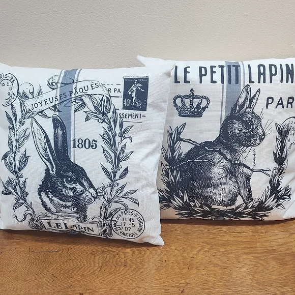 Set Of Two Black & Cream Rabbit Print Throw Pillows Parisian Text Linen Like