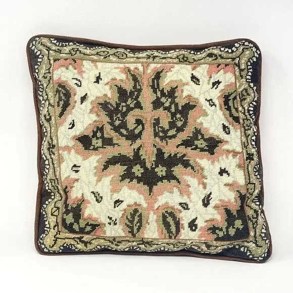 Vintage Needlepoint Pillow Peach Brown Green Leaf Design 13” x 14”