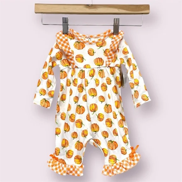 Fall Pumpkin Plaid‎ Ruffle Romper 3 Months Thanksgiving One Piece Outfit NWT