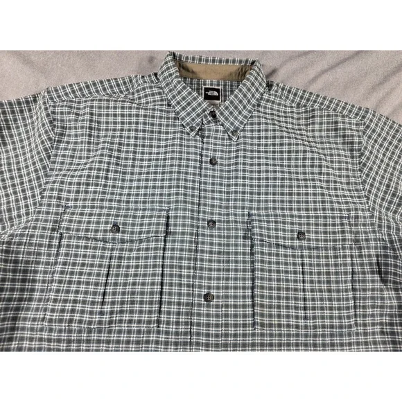 The North Face Seersucker Shirt Mens Large Bluish‎ Green Plaid Short Sleeve