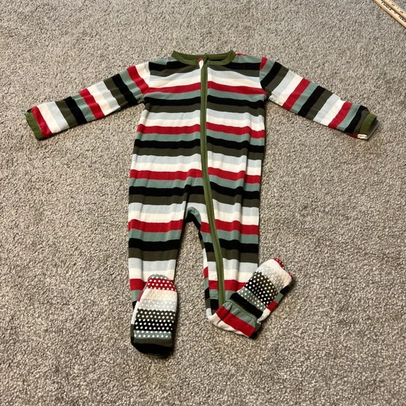 Kickee pants sleeper baby boy 6-9M‎ green red stripes bamboo stretch zip unisex
