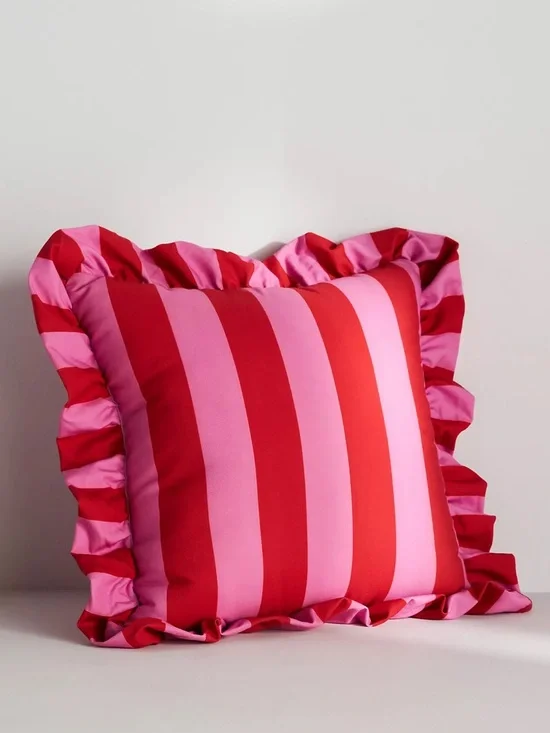 New Maeve by Anthropologie Striped Ruffle Indoor/Outdoor Pillow Pink