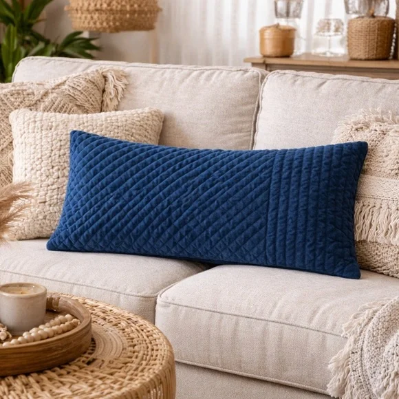 Quilted velvet navy green pillow sham rectangular 12x22 inch accent pillow