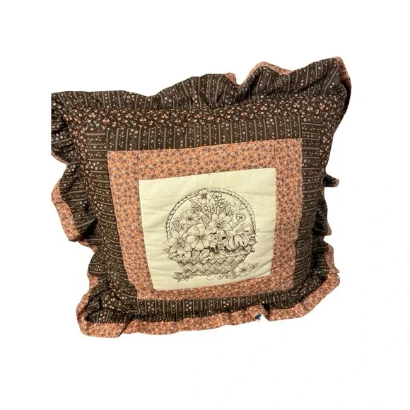VTG Throw Pillow‎ Quilt Brown pink Floral Grandmacore 14x14
