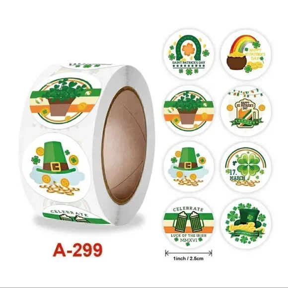 500 St. Patrick's Day Sticker Roll, 1 Inch 8 Styles Irish Green Shamrock