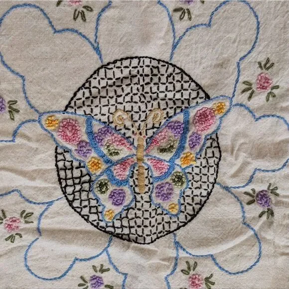 Vintage linen butterfly floral embroidered square‎ pillow cover