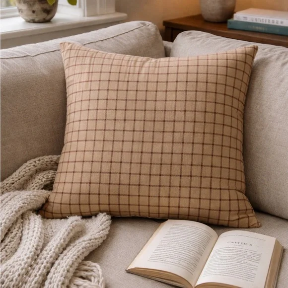 Linen Cotton Pillow Cover 21” Square Plaid Neutral Cottage Farmhouse