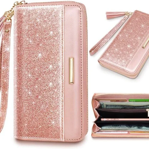 Women Wallet PU Leather Glitter Card Holder Organizer Clutch with Tassel