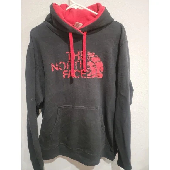 The North Face Hoodie Sz L Long Sleeve Hooded Pullover Black Red Kangaroo Pocket