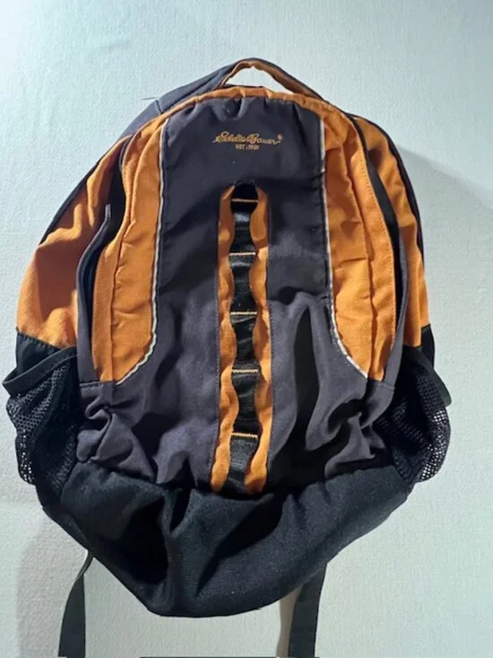 EDDIE BAUER Vintage Backpack‎ Orange & Gray Colorblock hiking books commute EUC